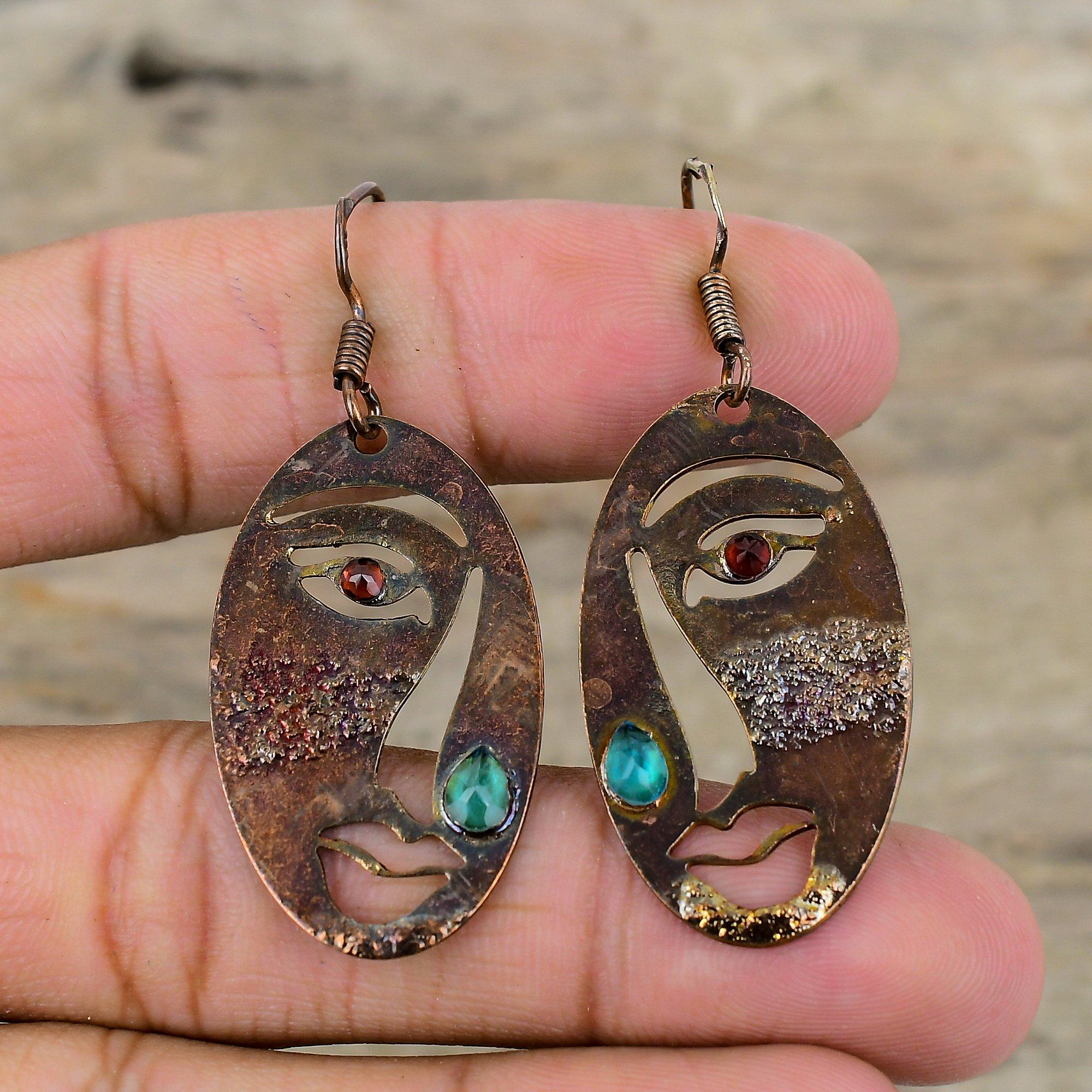 Chrome Diopside Earring Mozambique Garnet Earring Electroformed Copper Earrings Gemstone Copper Jewelry Handmade Face Earring Gift For Women