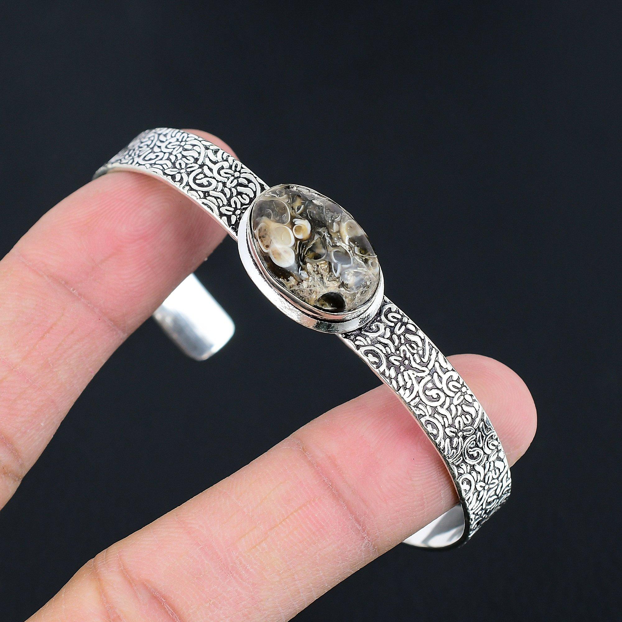 Friendship Day Sale 925 Sterling Silver Natural Turritella Agate Bangle Bracelet