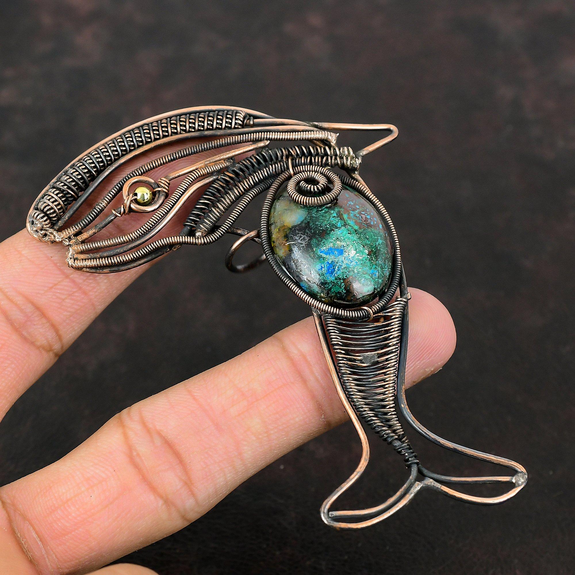 Pandantiv Crisocolă Pandantiv Înfășurat în Sârmă de Cupru Pandantiv Pește Bijuterii din Cupru Handmade Pandantiv cu Piatră Prețioasă Cadou Aniversar Bijuterii Înfășurate în Sârmă