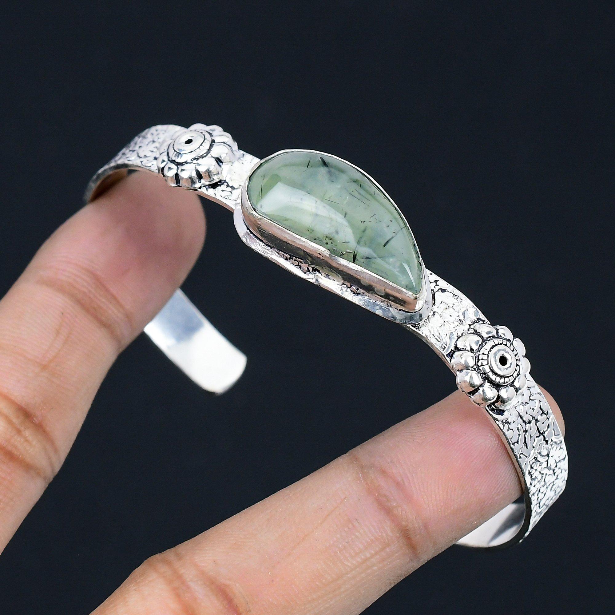 Natural Moss Prehnite Gemstone Bangle Green Adjustable 925 Sterling Silver