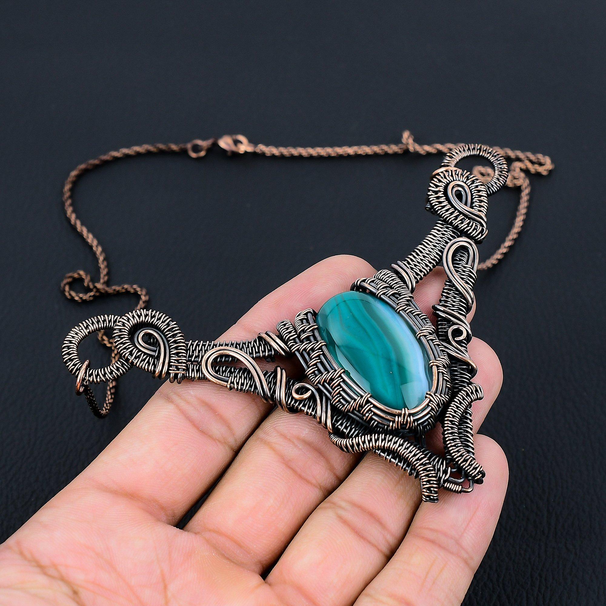 Blue Botswana Agate Gemstone Pure Copper Wire Wrapped Handmade Necklace Jewelry