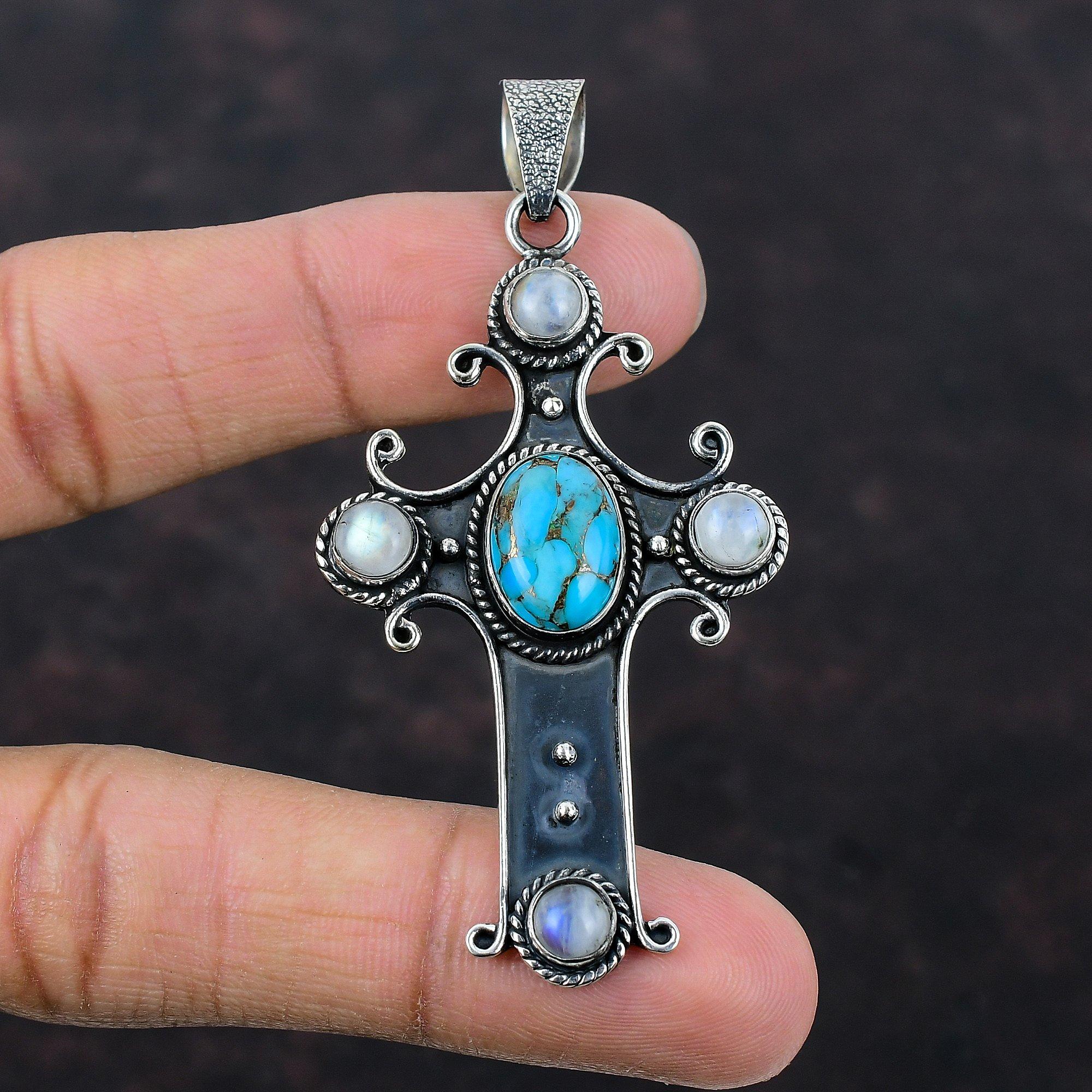 Pendentif En Turquoise Et Argent Sterling 925 Fait Main - Pierre Ovale, Création Labo - Neuf Sans Emballage