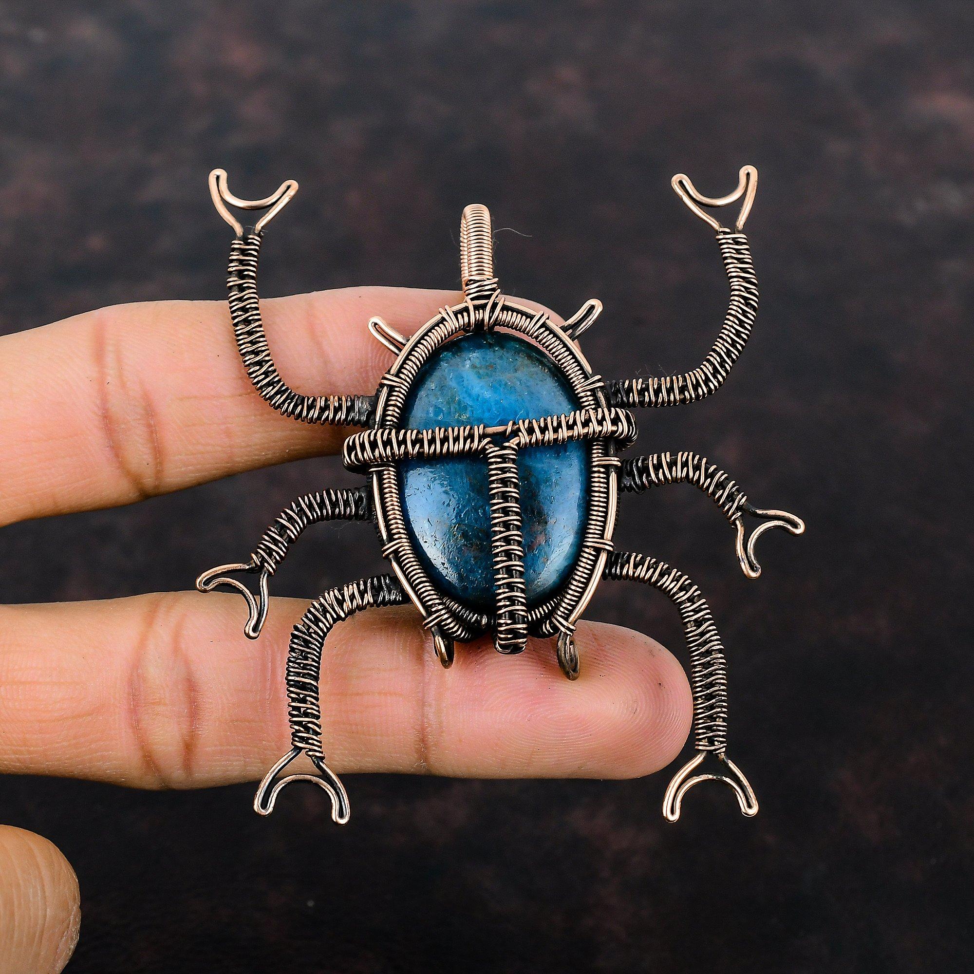 Neon Apatite Pendant Copper Wire Wrapped Pendant Neon Apatite Jewelry Handmade Pendant Copper Jewelry Gemstone Beetle Pendant Gift For Wife
