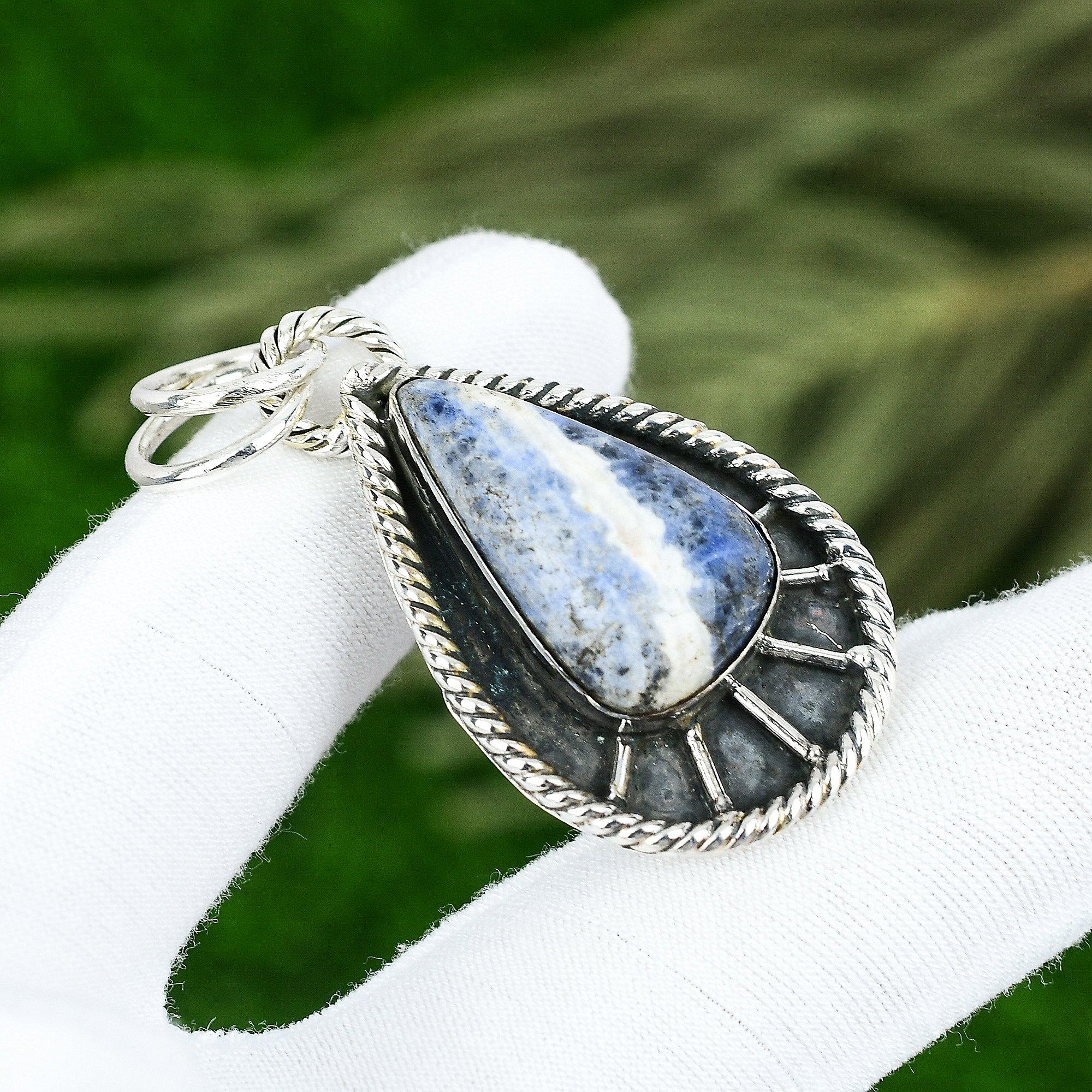 Ciondolo in Pietra Naturale Sodalite Fatto a Mano in Argento Sterling 925 Gioielli Indiani