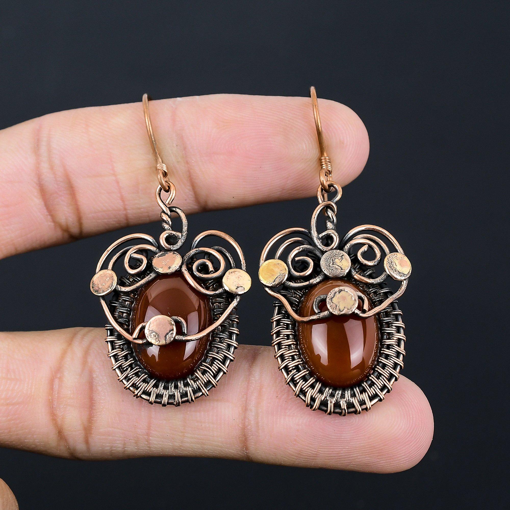 Lovely Carnelian Gemstone Handmade Pure Copper Wire Wrapped Earring Jewelry