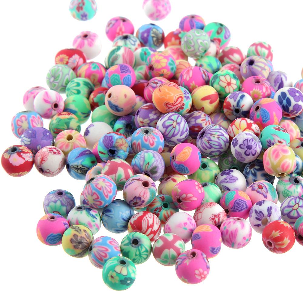 50/100 Uds. Cuentas redondas sueltas de arcilla polimérica con estampado de flores de 8mm, colores mezclados para hacer joyas