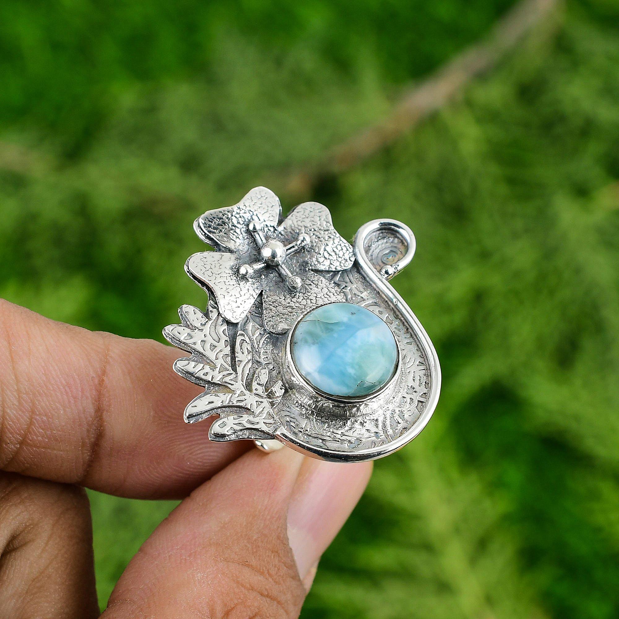 Wedding Gift For Her 925 Silver Natural Larimar Statement Flower Adjustable Ring