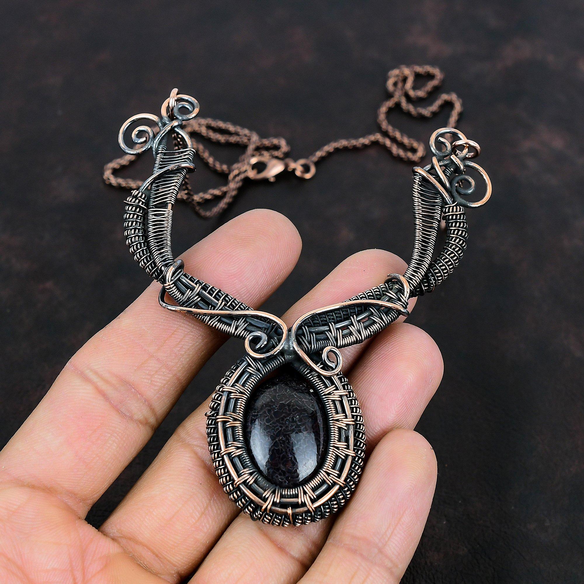 Dinosaur Bone Necklace Copper Wire Wrapped Necklace Gemstone Copper Jewelry Elegant Necklace Handmade Necklace Wire Wrap Jewelry For Gifts