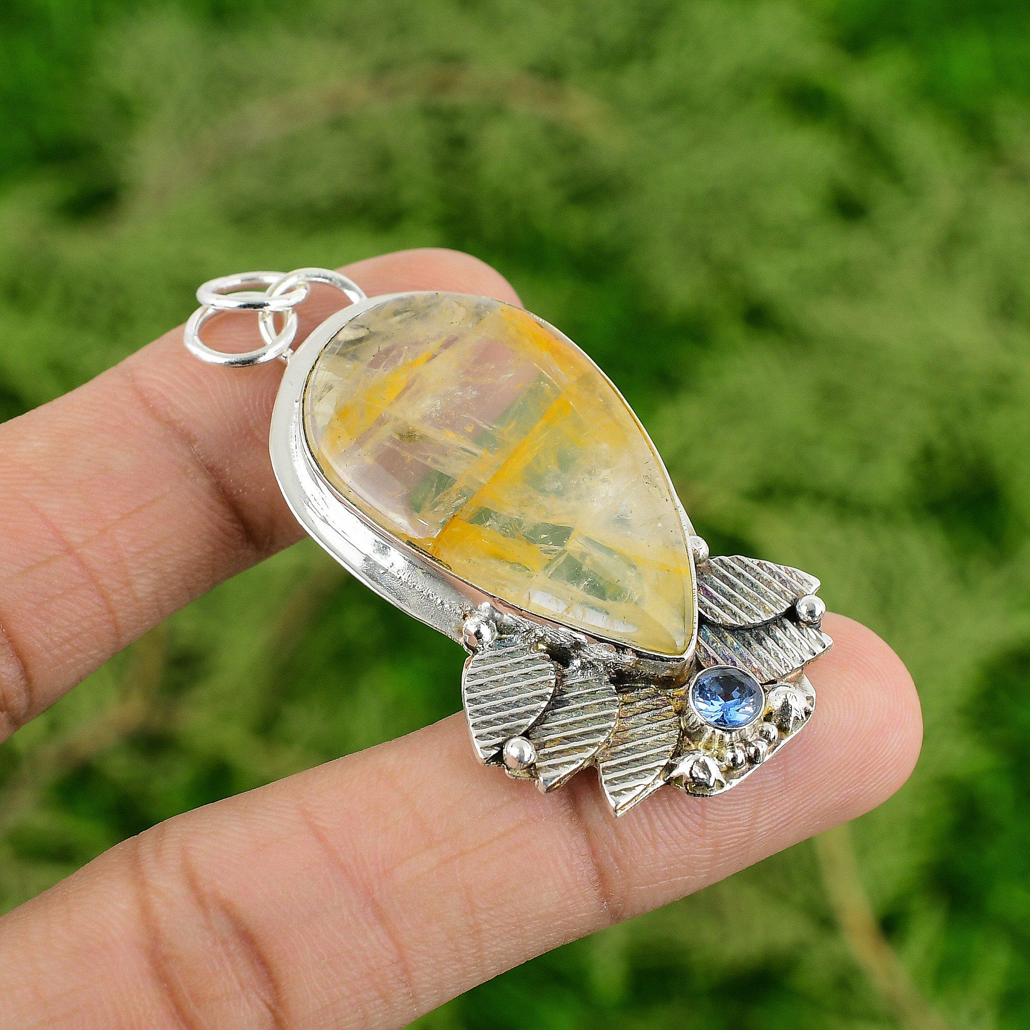 Pear Natural Plume Agate Tanzanite Quartz Engagement Pendant 925 Sterling Silver