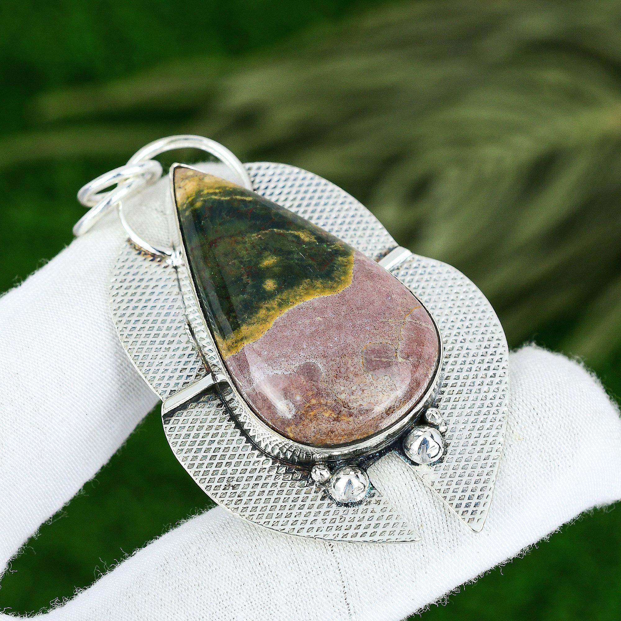 925 Silver Pear Natural Ocean Jasper Bezel Anniversary Mother Trendy New Pendant