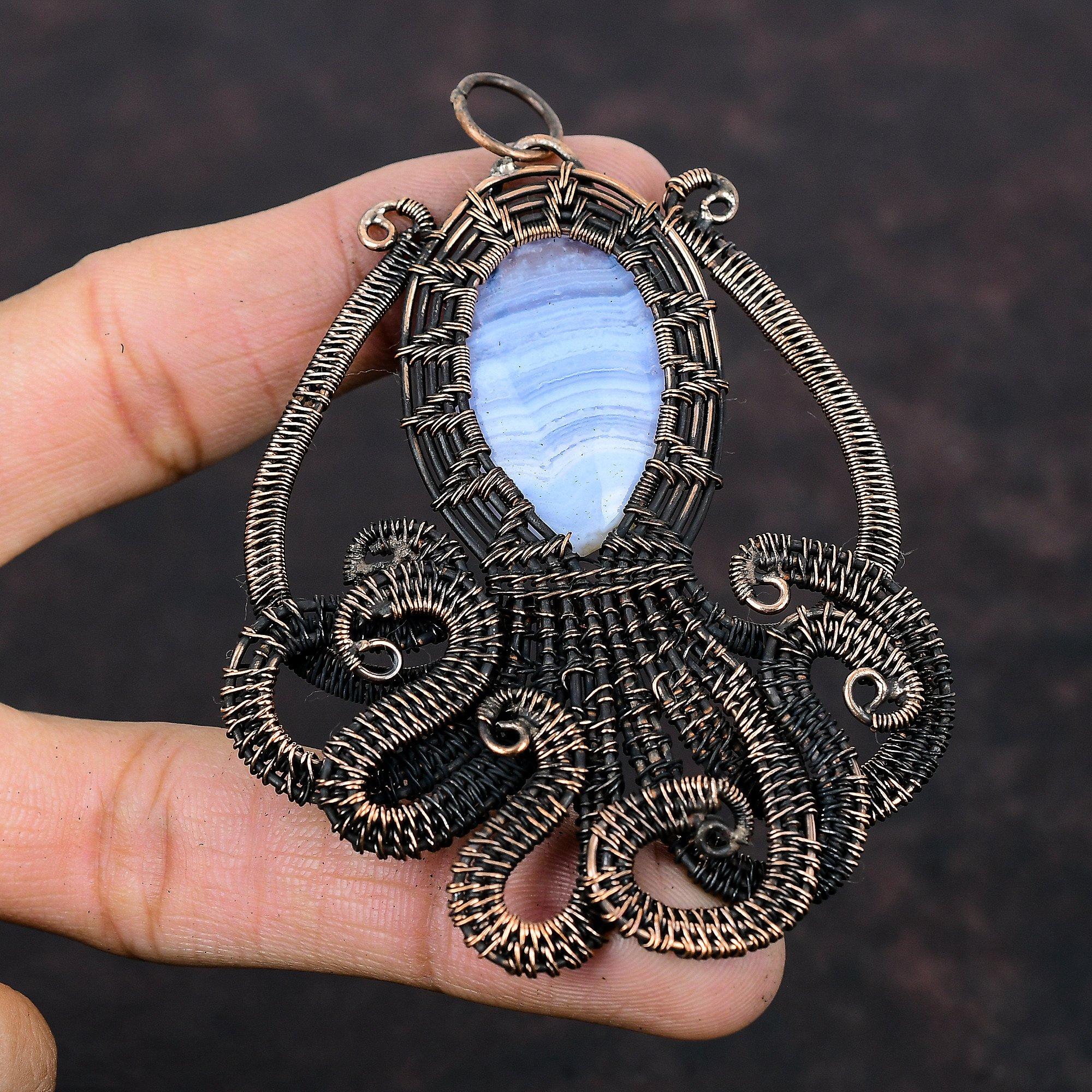 Blue Lace Agate Pendant Copper Wire Wrapped Pendant Unique Gemstone Pendant Handmade Octopus Pendant Copper Wire Wrap Jewelry Gift For Women