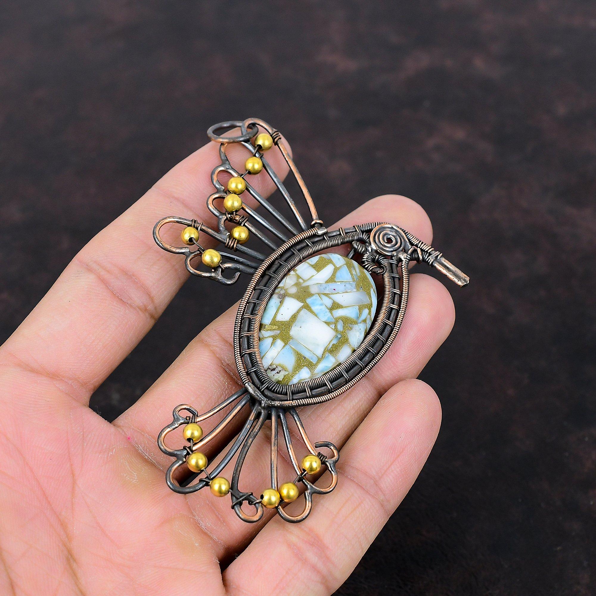 Copper Larimar Pendant Copper Wire Wrapped Gemstone Pendant Dainty Copper Jewelry Bird Pendant Handmade Pendant Larimar Jewelry Gift For Her