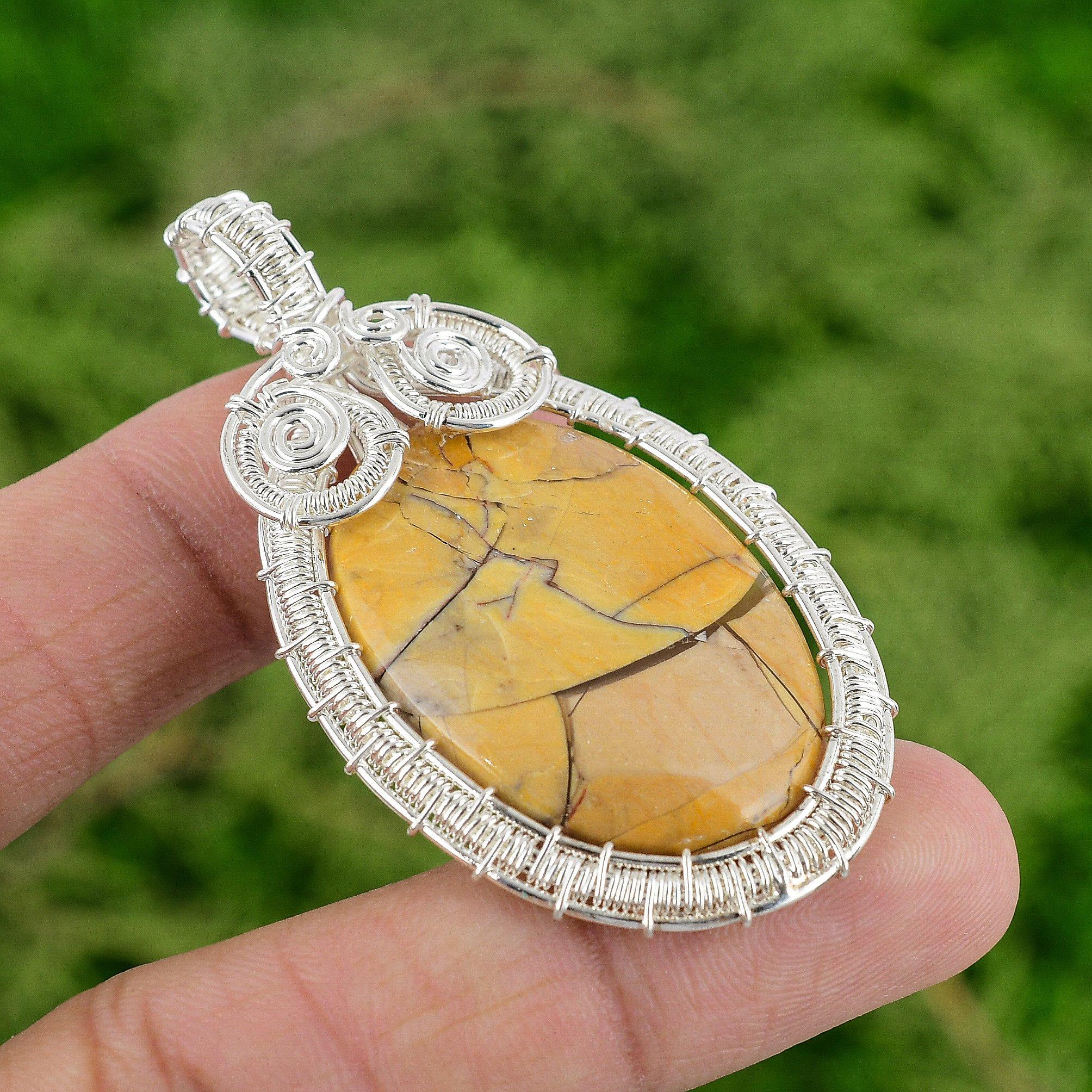 Oval Natural Brecciated Mookaite Sterling Silver Wire Wrap Wife Pendant Jewelry