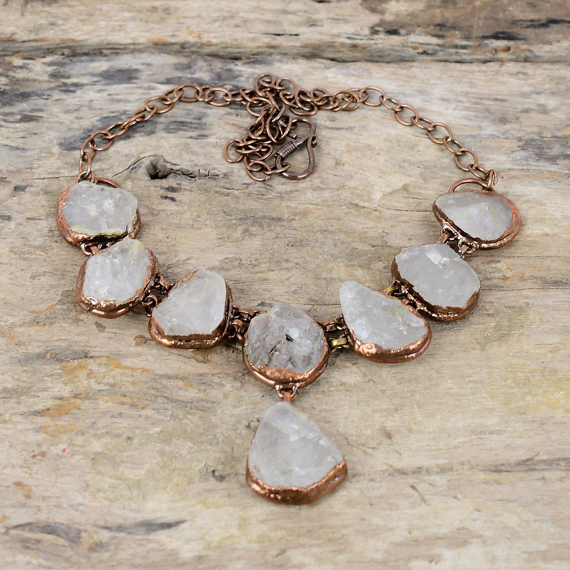 Collier en pierre de lune brute arc-en-ciel Collier en cuivre électroformé Collier à chaîne réglable Bijoux en cuivre pour femmes Collier en pierres précieuses fait à la main