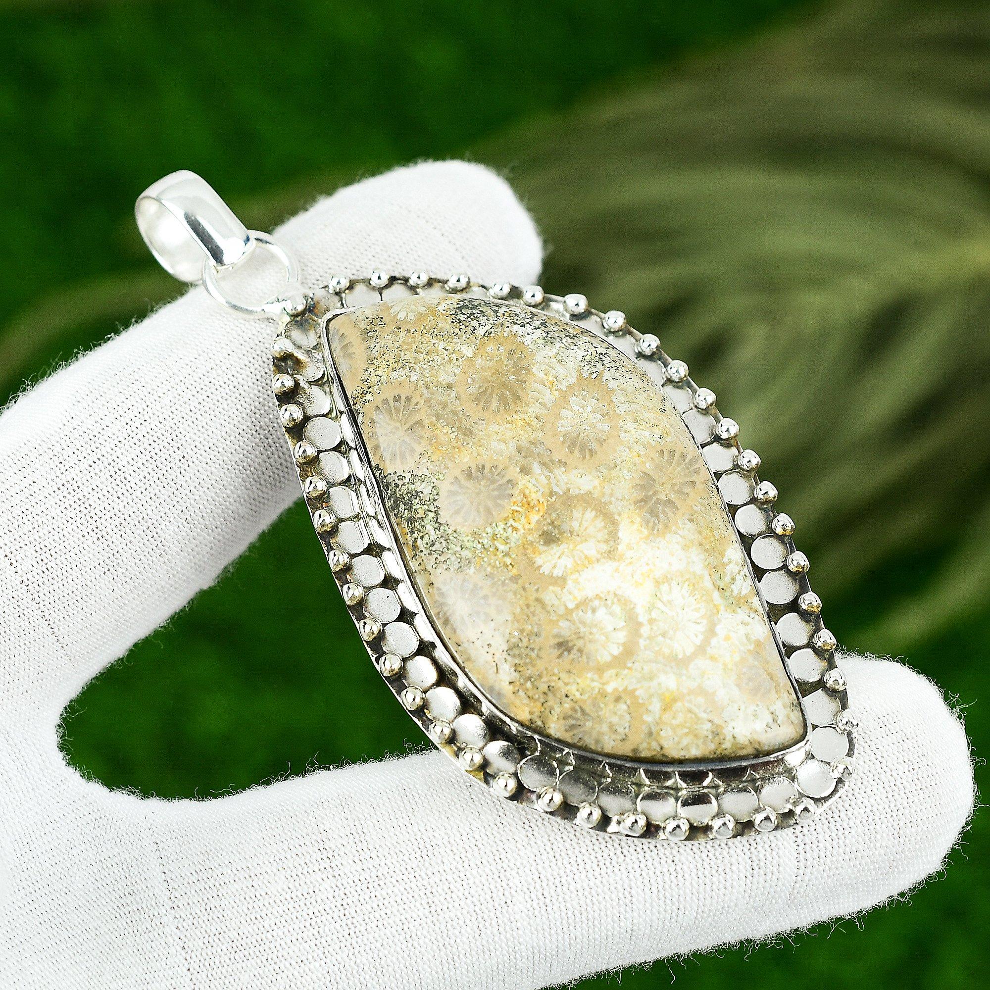 Wedding Gift For Her 925 Sterling Silver Natural Fossil Coral Gemstone Pendant