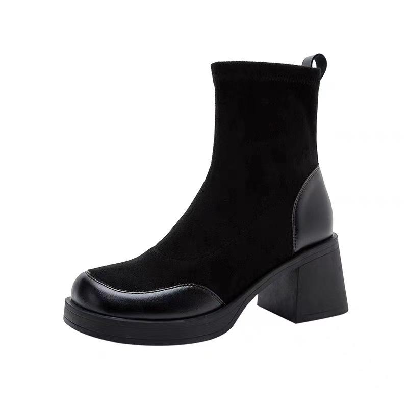 Short Shoes for Woman Black Women's Ankle Boots Sock Footwear Combat Booties Very High Heels Suede Punk Style Heeled Autumn Boot
