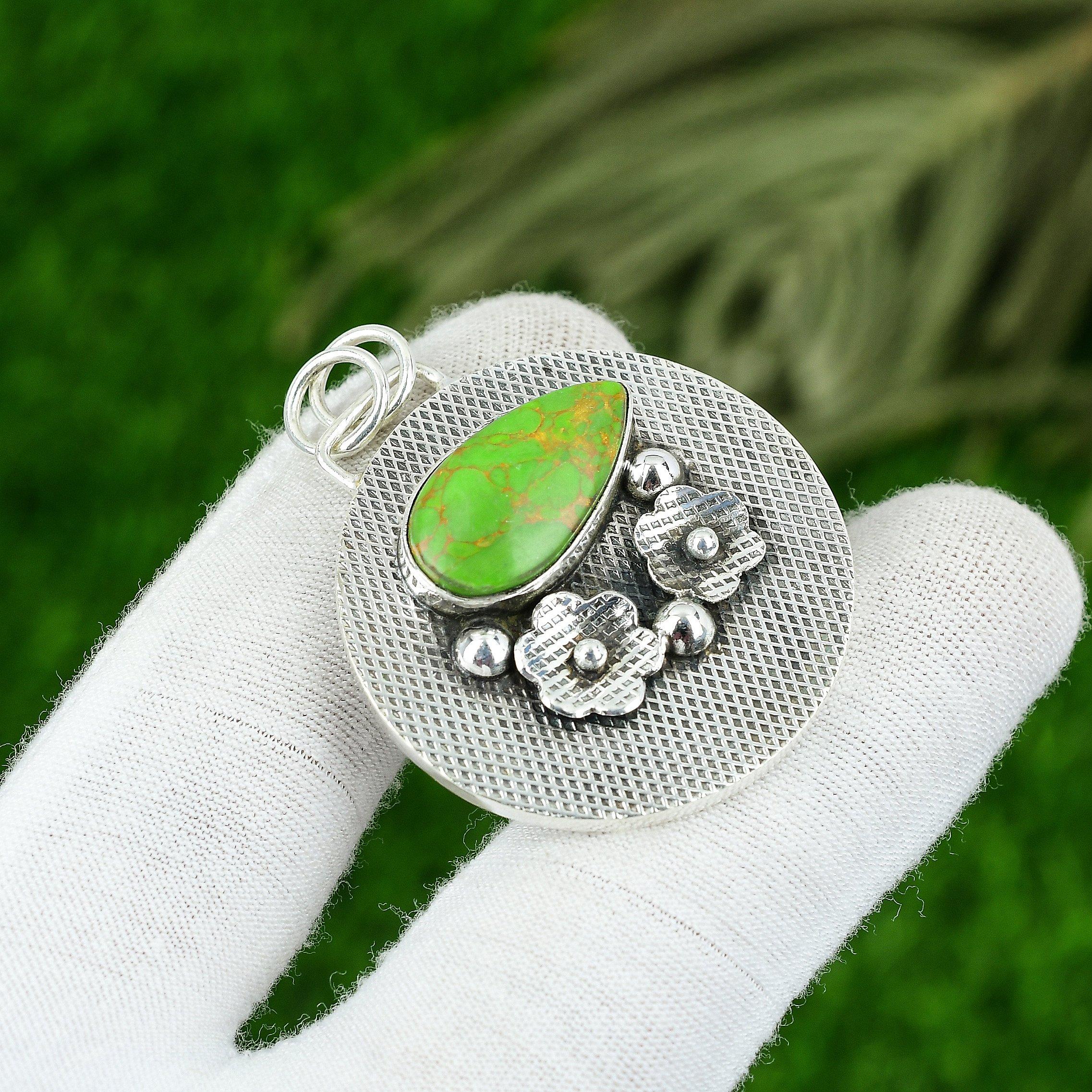Anniversary Gift For Her Natural Green Turquoise Gemstone Pendant 925 Silver
