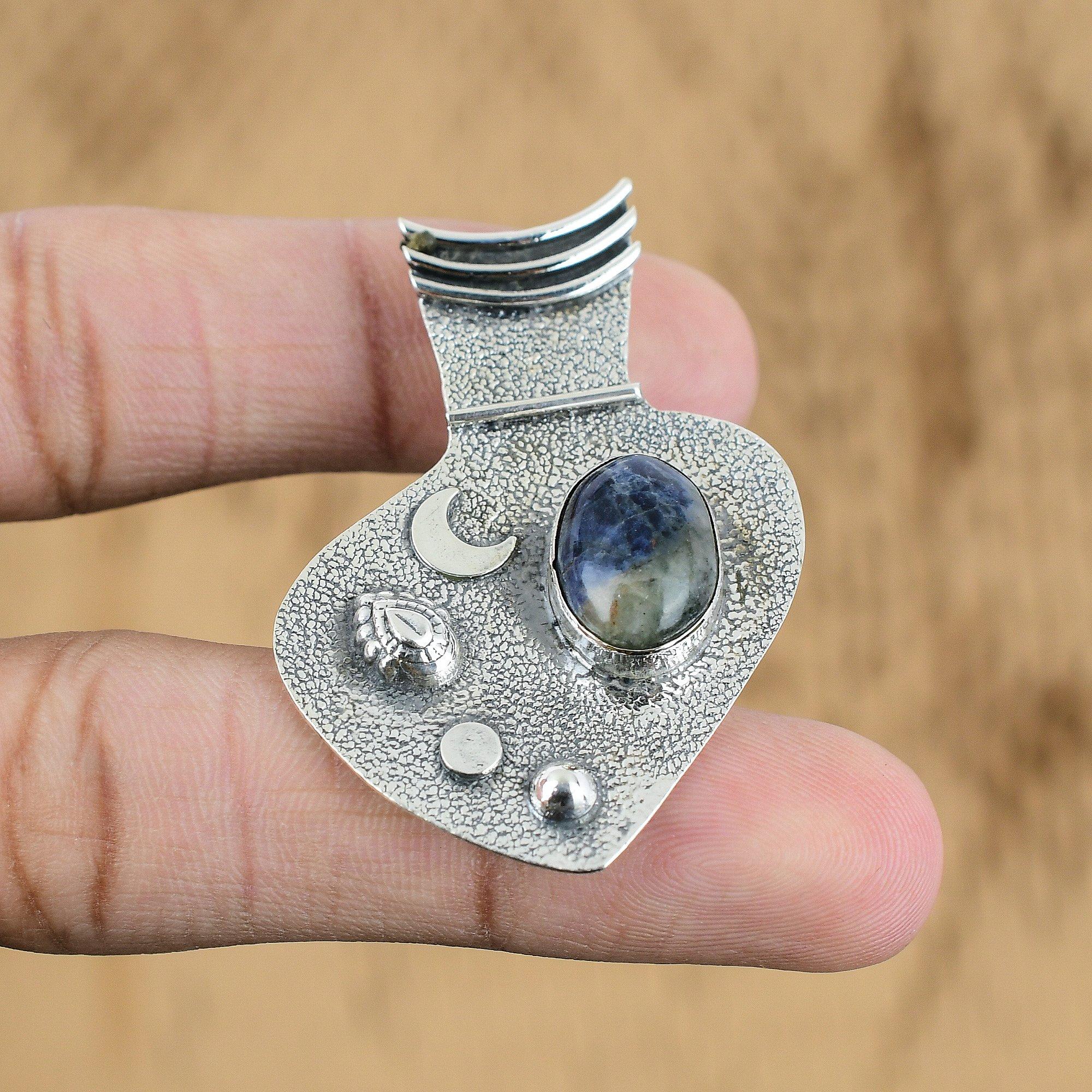 Natural Sodalite Gemstone Pendant Handmade 925 Sterling Silver Indian Jewelry