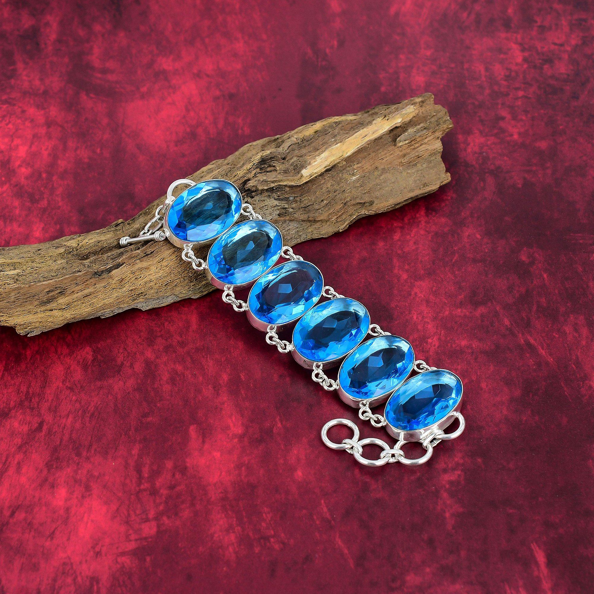 Blue Topaz Bracelet, 925 Solid Sterling Silver Gemstone Jewelry, Handmade Bracelet, For Thanksgiving