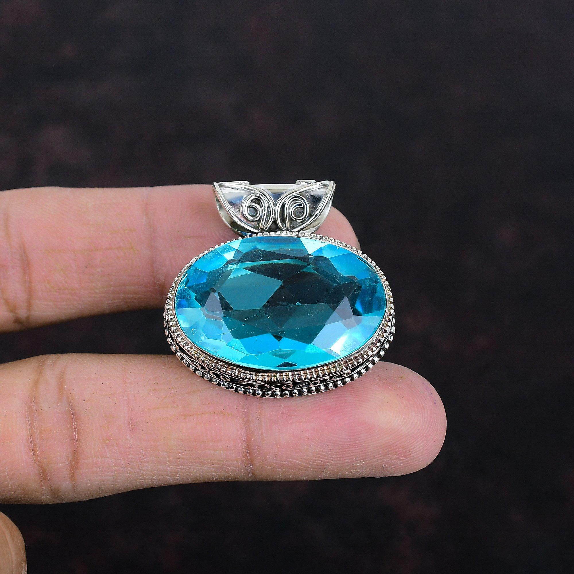 Faceted Swiss Blue Topaz Pendant Gemstone Pendant Antique Jewelry 925 Sterling Silver Pendant Vintage Pendant Handmade Jewelry Gifts For Her