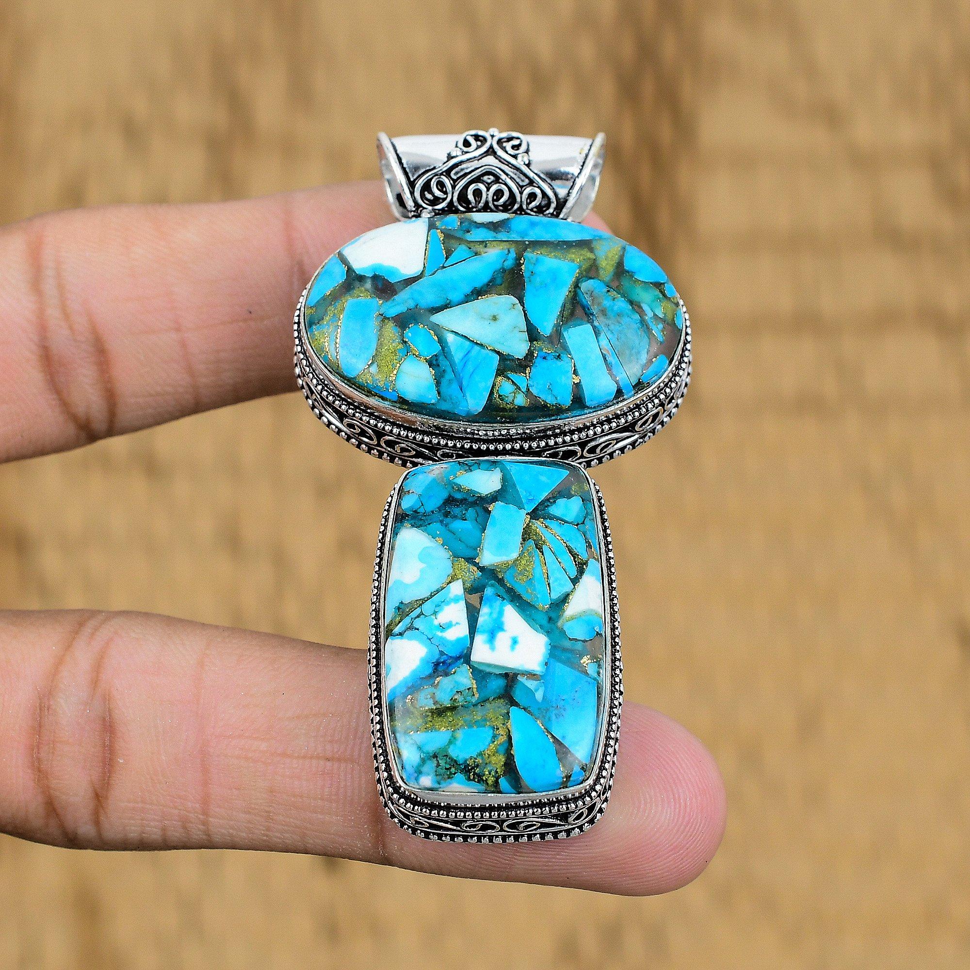 Sterling Silver Copper Blue Turquoise Stone Vintage Anniversary Pendant Jewelry