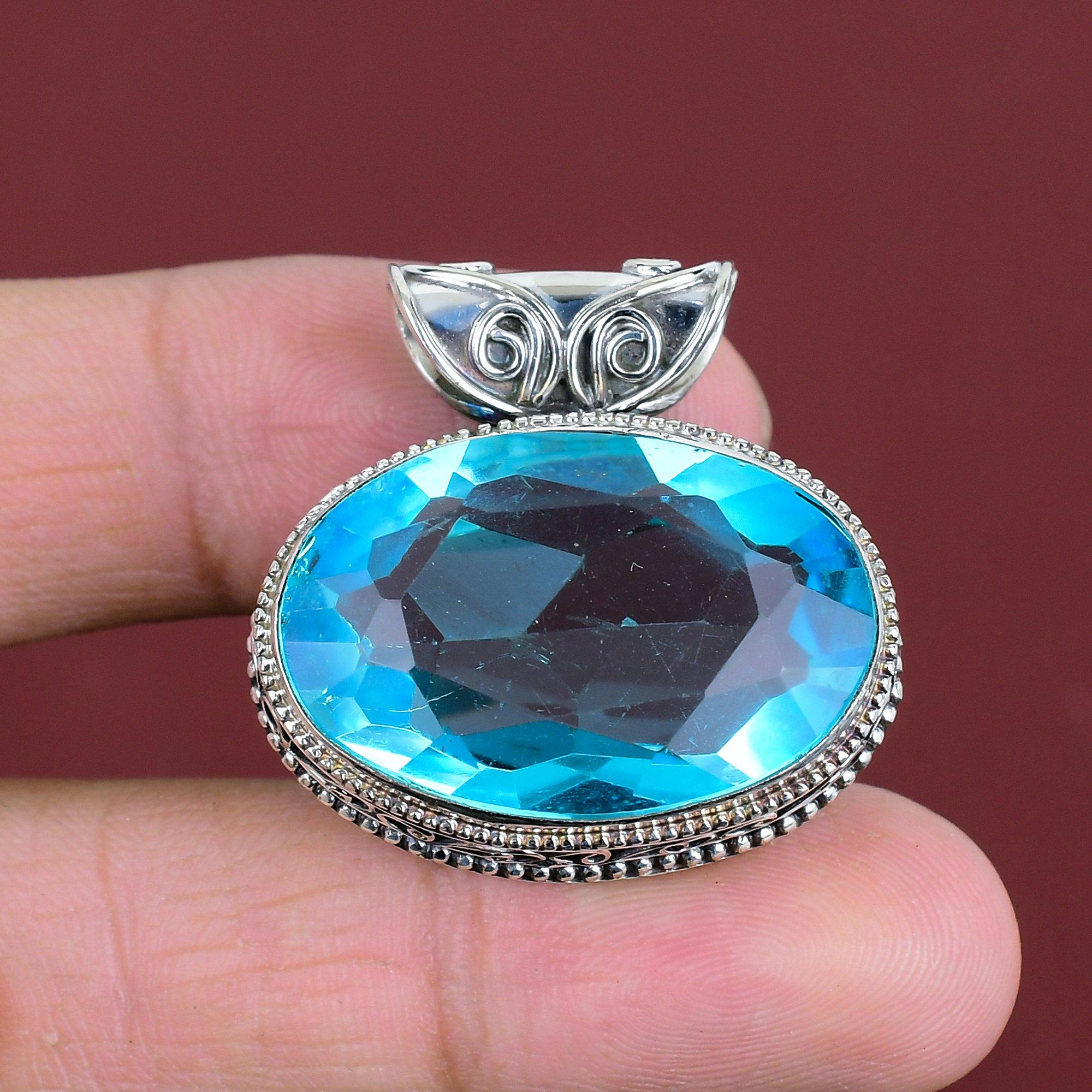 Faceted Swiss Blue Topaz Pendant Gemstone Pendant Antique Jewelry 925 Sterling Silver Pendant Vintage Pendant Handmade Jewelry Gifts For Her