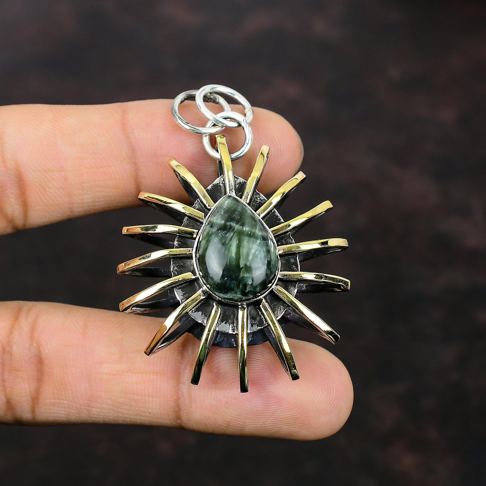 Seraphinite Pendant Dainty Gemstone Jewelry 925 Sterling Silver Pendant 18K Gold Plated Pendant Handmade Jewelry Cage Pendant Gift For Women