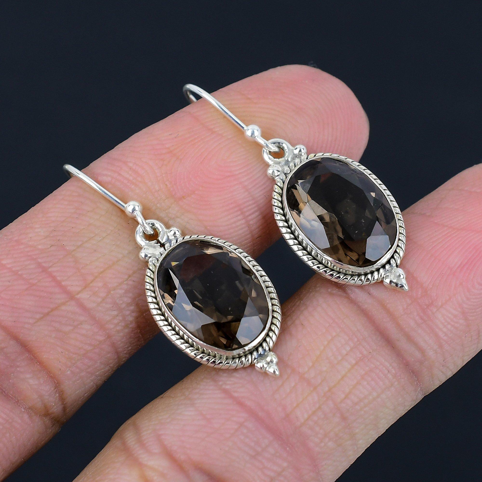 Faceted Smoky Quartz Gemstone Earrings Solid 925 Sterling Silver Handmade Drop Dangle Earrings Jewelry Gift For Women & Girls
