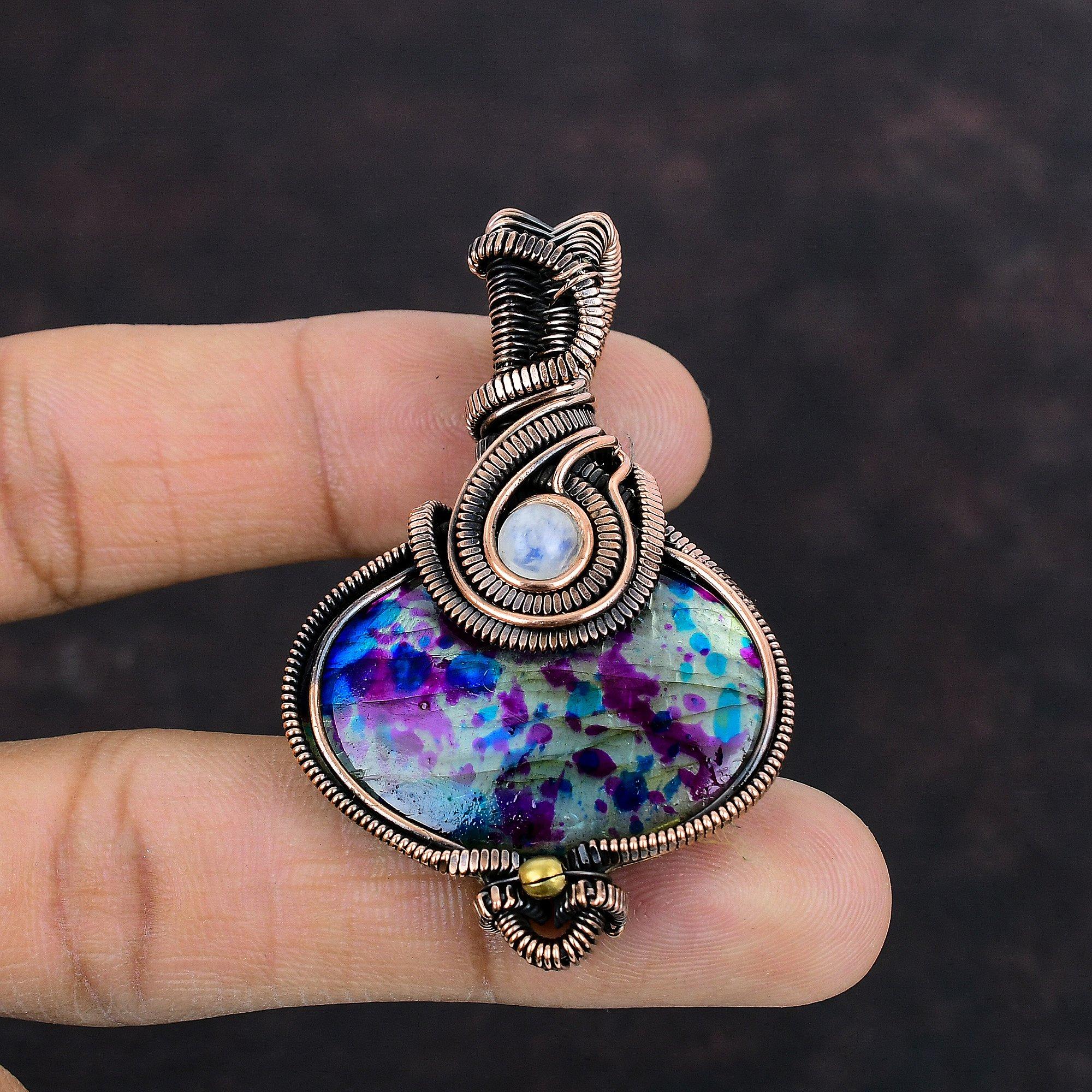 Multi Fire Labradorite Pendant Copper Wire Wrapped Jewelry Rainbow Moonstone Pendant Gemstone Copper Pendant Gift For Her Handmade Pendant