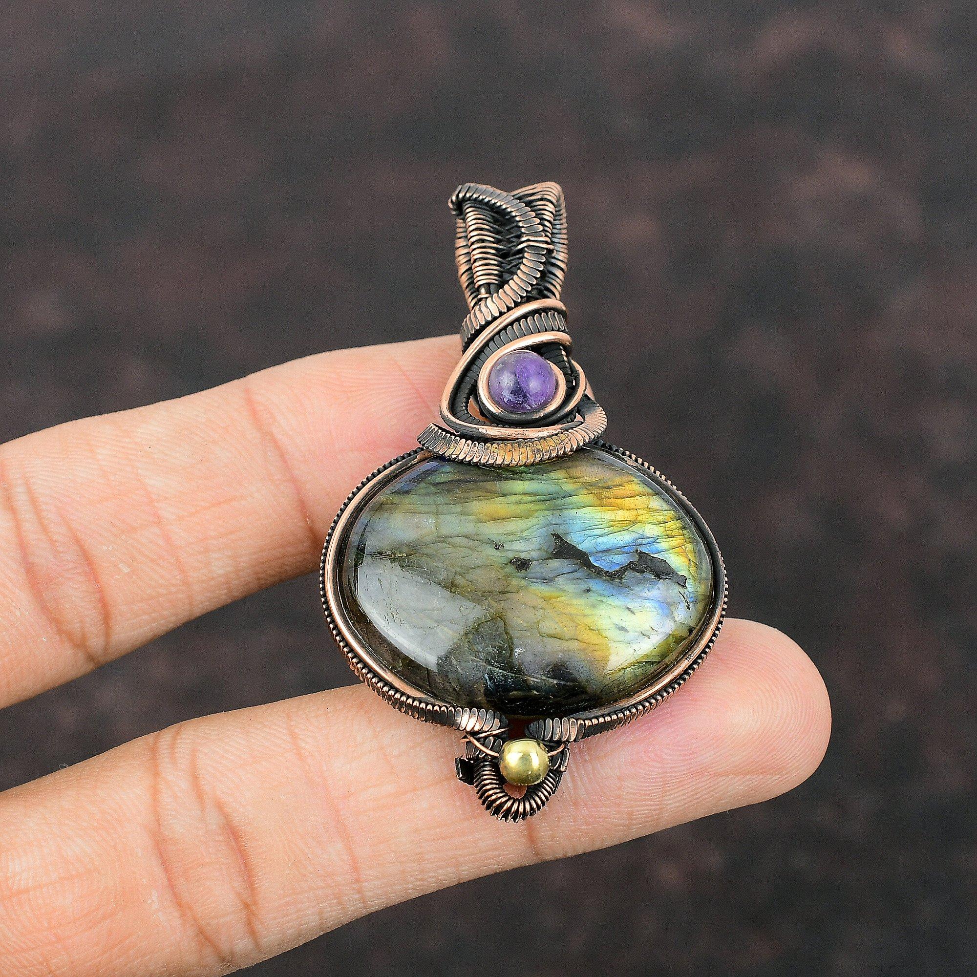 Labradorit Anhänger Kupferdraht umwickelt Edelsteinanhänger Handgefertigter Schmuck Afrikanischer Amethyst Anhänger Geschenk für Mutter Kupferdraht Umwickelter Schmuck