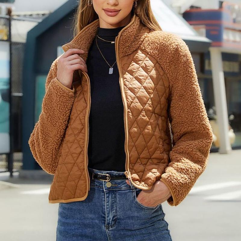 Cardigan Zipper Long Sleeve Coat Women's Plush Patchwork Solid Color Top