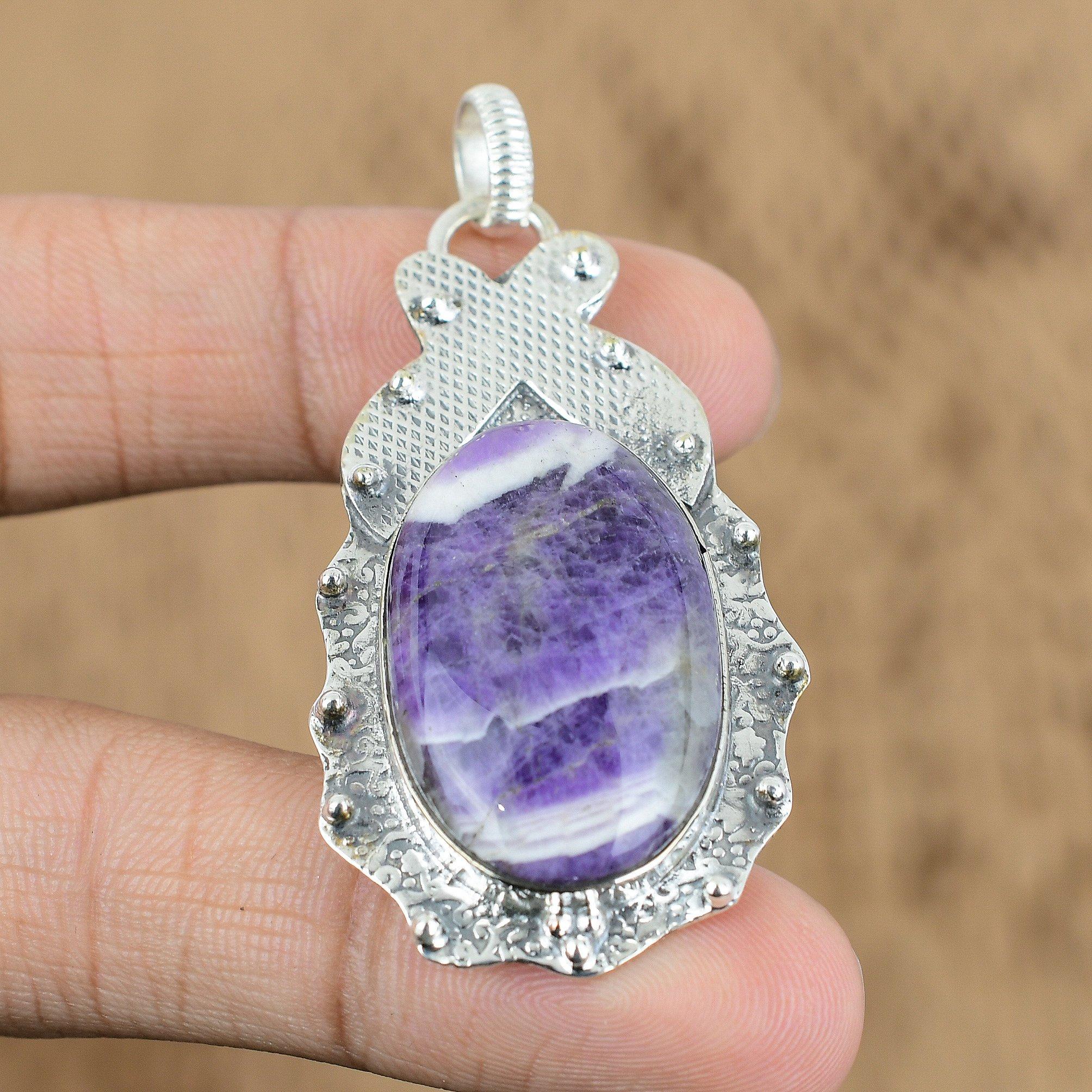 Gift For Her 925 Sterling Silver Natural Chevron Amethyst Gemstone Pendant