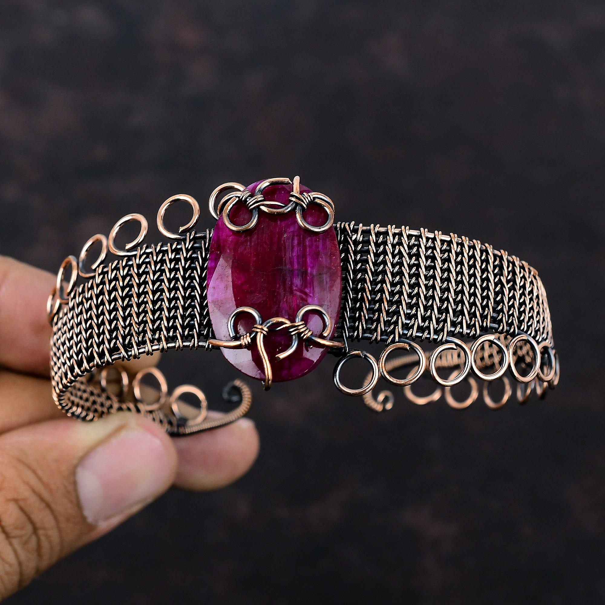 Faceted Kashmir Ruby Bangle Gemstone Cuff Bracelet Copper Wire Wrapped Adjustable Bangle Handmade Dainty Bangle Copper Wire Jewelry For Gift