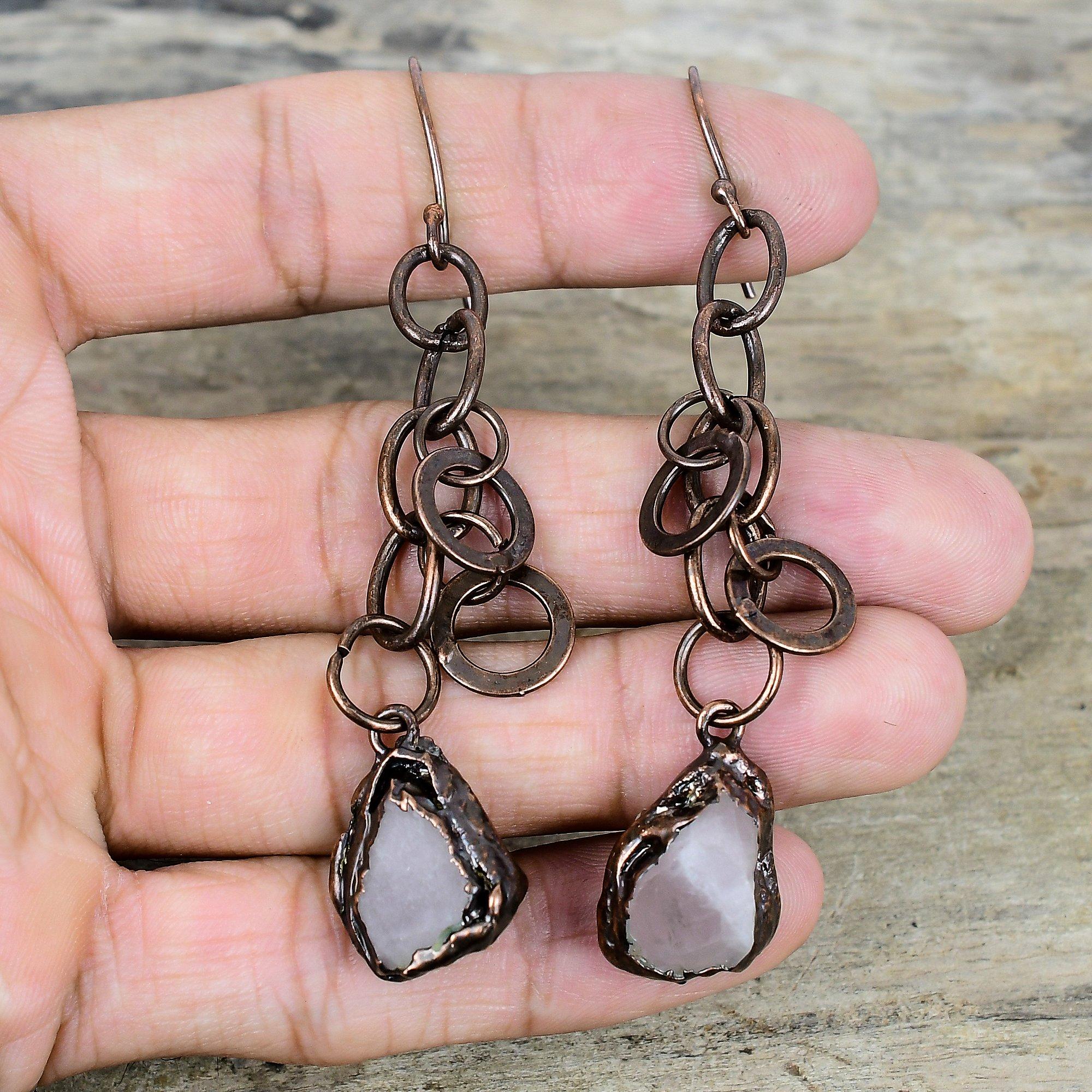 Rose quartz rough earring electroformed copper earrings handmade earring electroformed gemstone jewelry engagement gifts brand new earrings