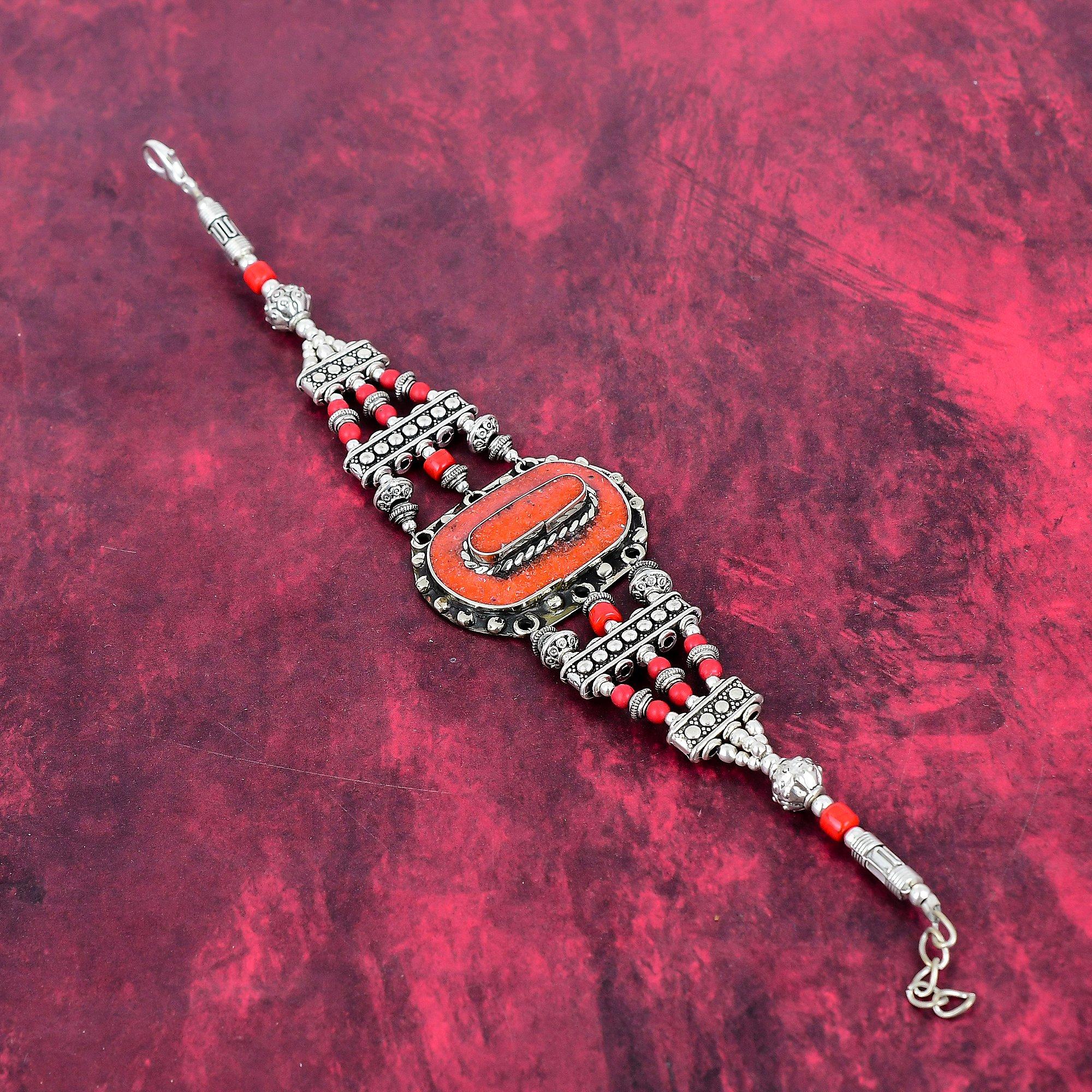 Coral Handmade Gemstone Bracelet, 925 Solid Sterling Silver Antique Jewelry Bracelet, For Engagement Gift