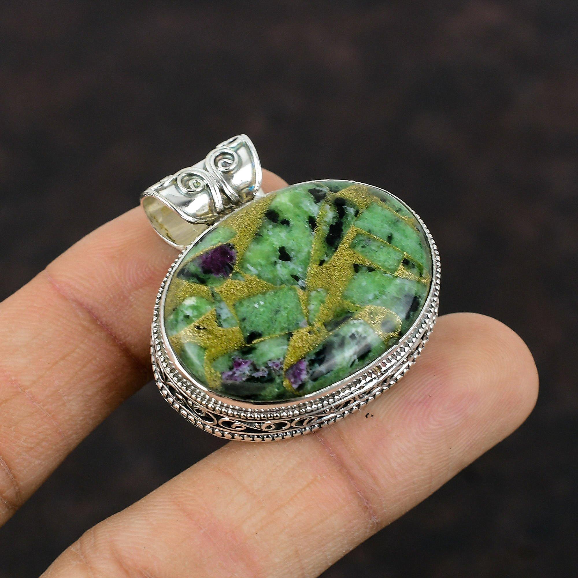 Copper Ruby Zoisite Pendant Handmade Dainty Pendant 925 Sterling Silver Pendant Vintage Jewelry Gemstone Pendant Gift For Mom Silver Jewelry