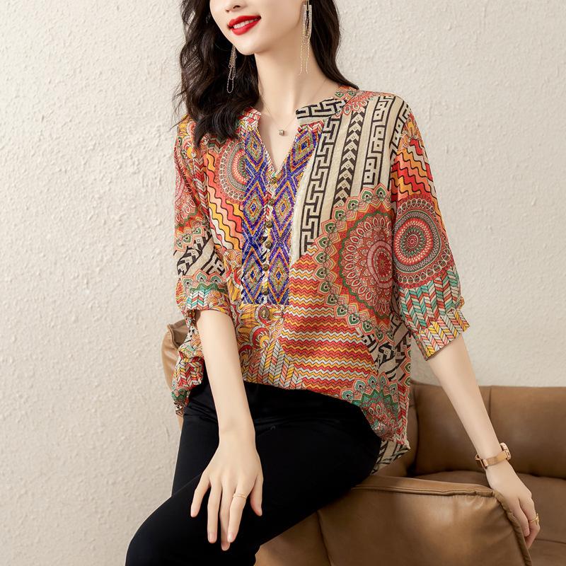 Summer Aging Printed Plus Size Women's V-Neck Short Sleeve Shirt Sun Protection