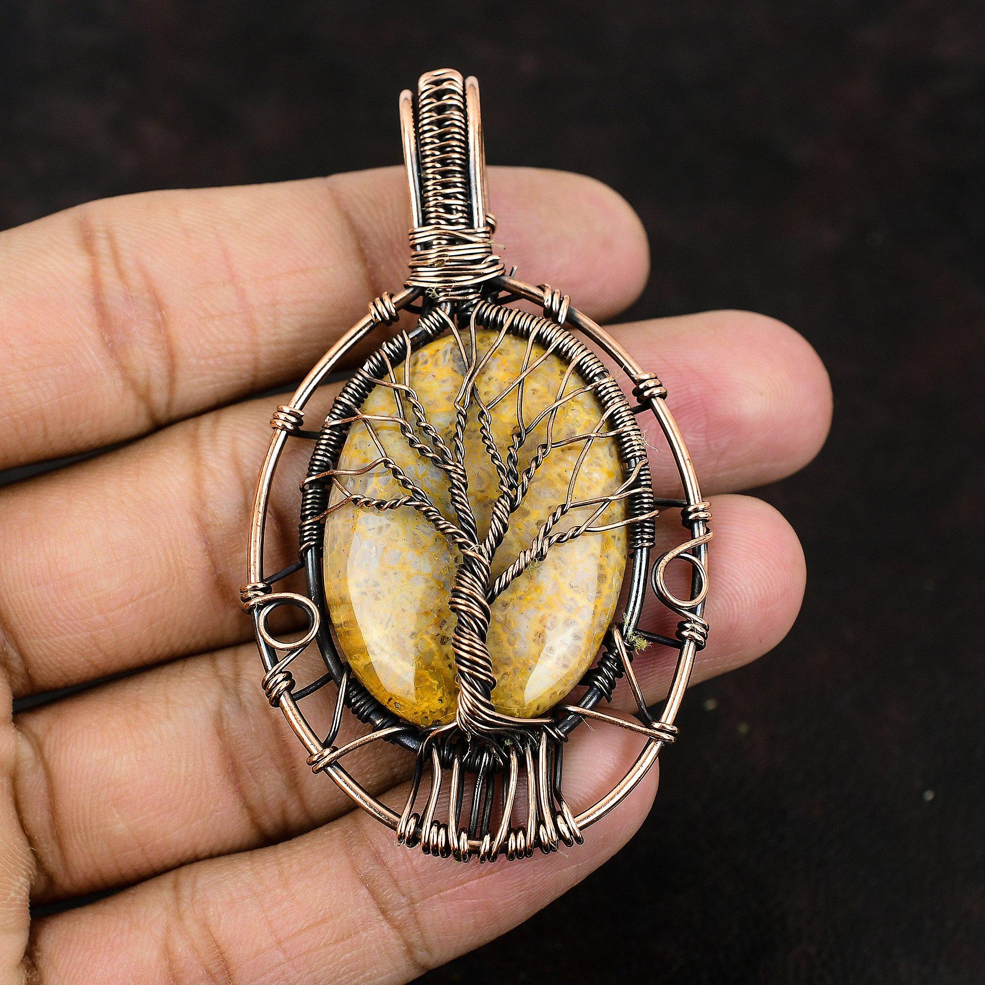 Tree Of Life Fossil Coral Gemstone Pendant Copper Wire Wrapped Pendant Handmade Wire Wrapped Jewelry Gift For Mother Fossil Coral Jewelry