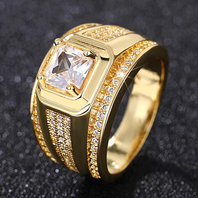 Klassisk menns ring gullbelagt farge dominerende firkantet kuttet hvit sirkon bryllup business fingerring for menn motesmykker