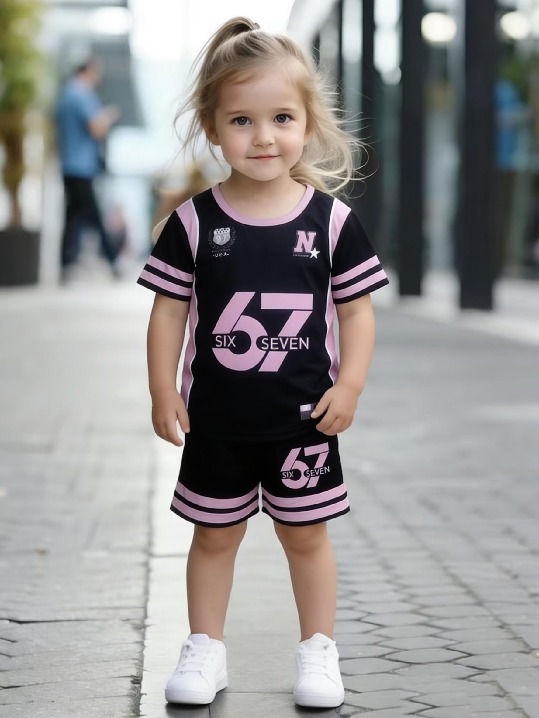 Toddler Girls Cool Number 67 Jersey Print 2-Piece Outfit, Summer Black & Pink Sporty Clothes for Kids, Perfect for Playwear & Outdoor