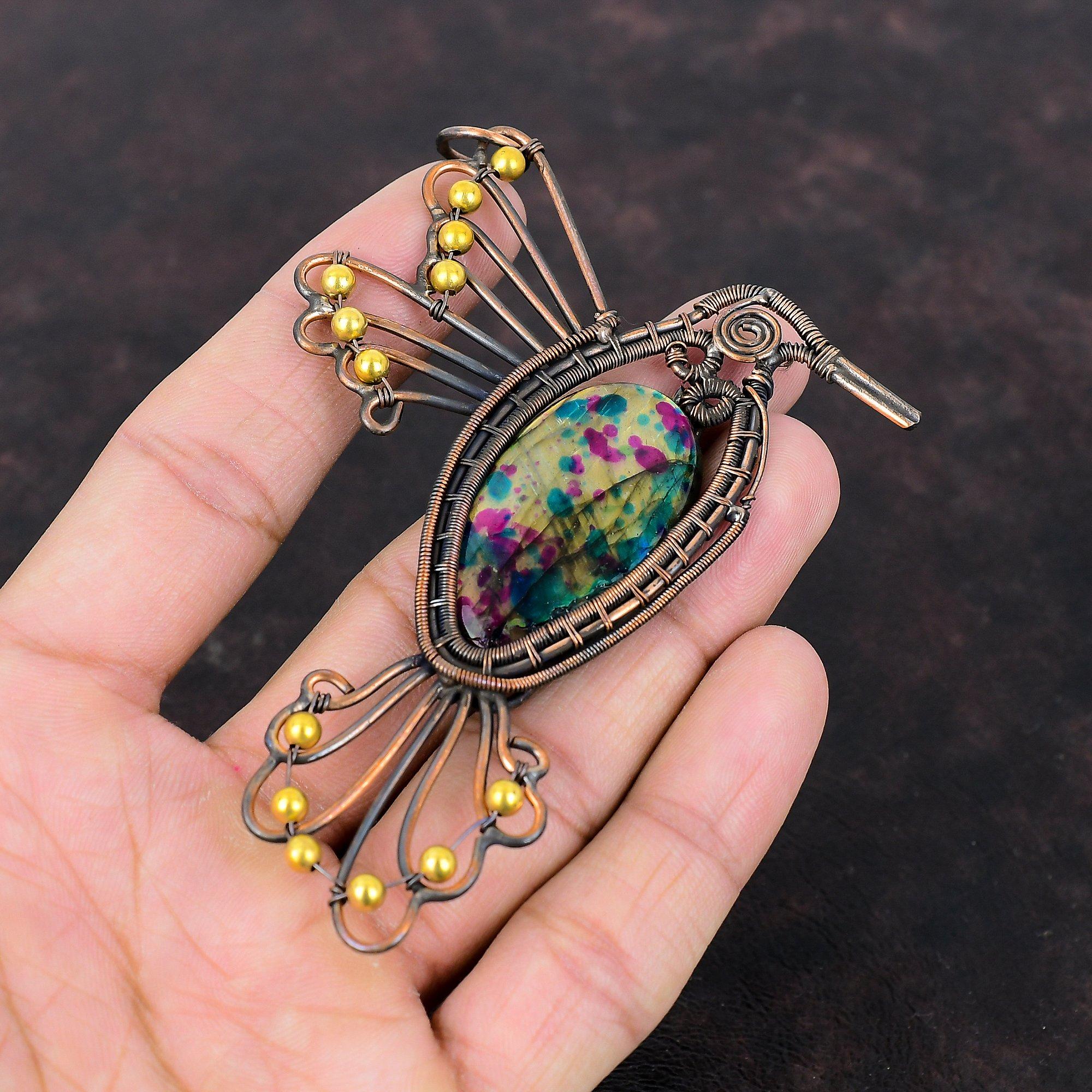 Multi Fire Labradorite Pendant Copper Wire Wrapped Pendant Handmade Gemstone Pendant Unique Copper Jewelry Bird Pendant Gift For Anniversary