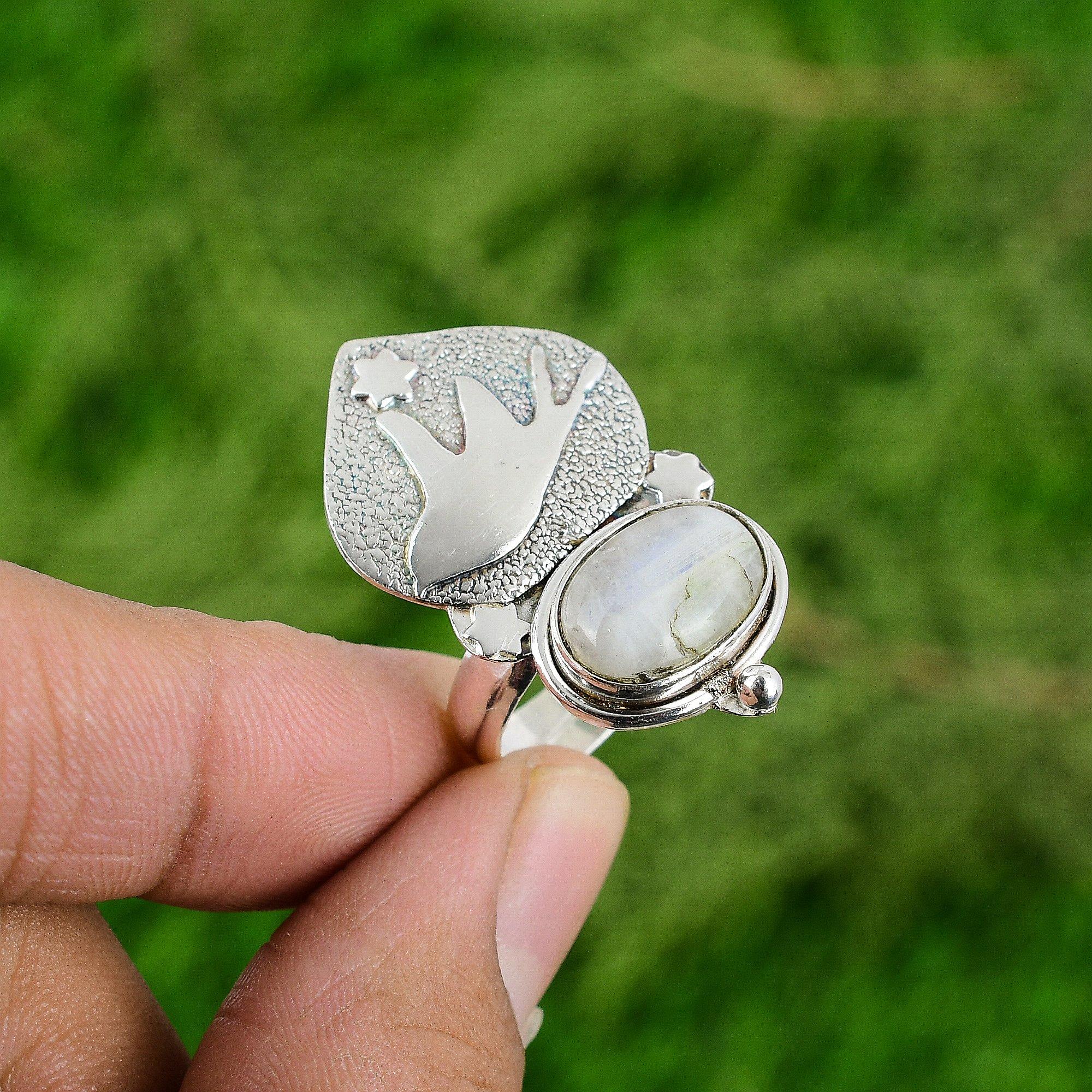 Natural Rainbow Moonstone Promise Bird Adjustable Ring 925 Silver For Girls