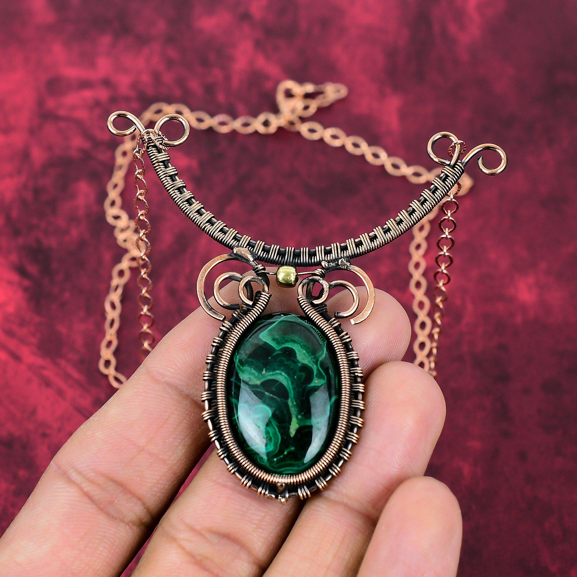 Collana di Malachite Collana di Pietra Naturale Avvolta in Filo di Rame Collana con Catena Regolabile Collana Fatta a Mano Gioielli Avvolti in Filo di Rame Regali di Matrimonio
