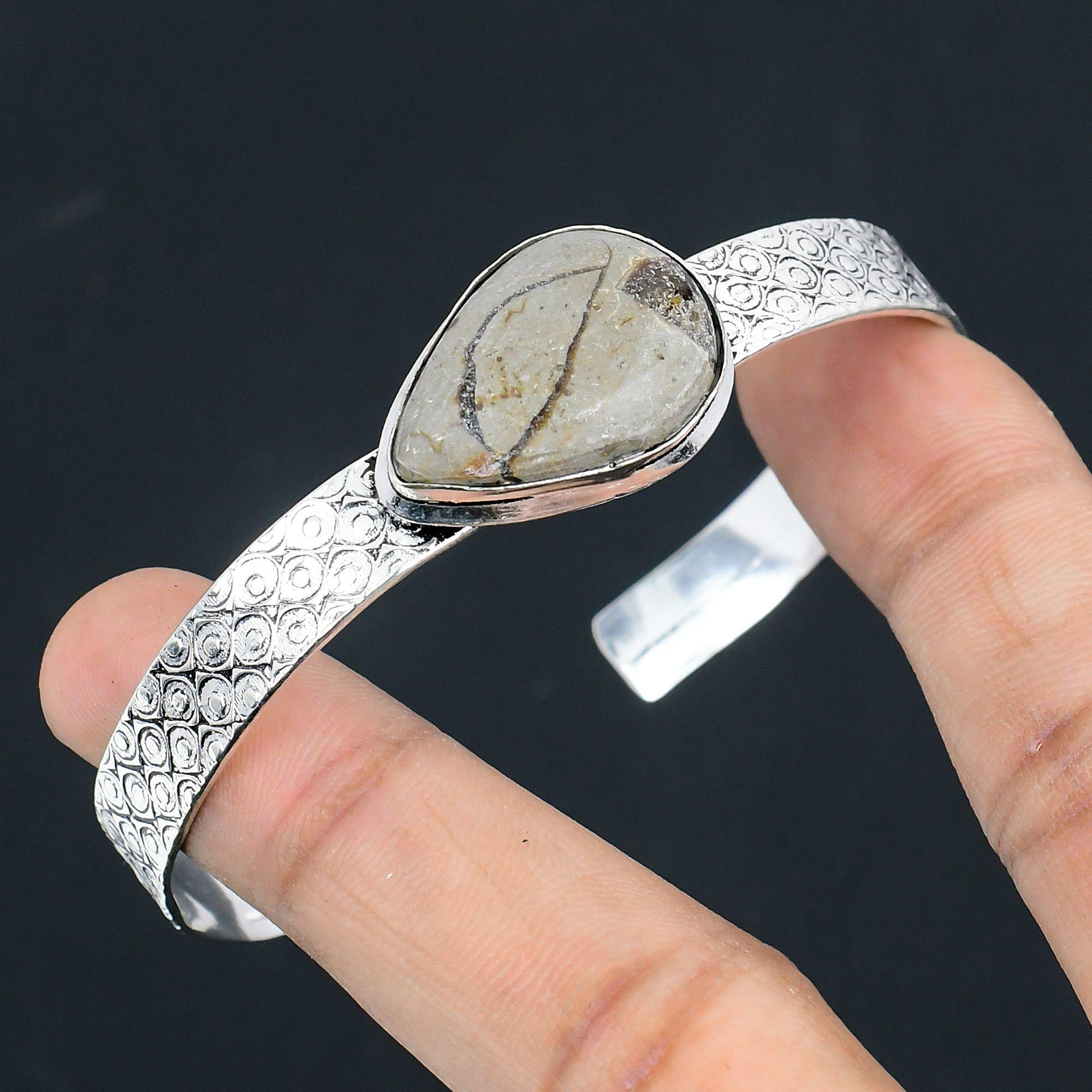 Wedding Gift For Her 925 Silver Natural Septarian Gemstone Bangle Adjustable