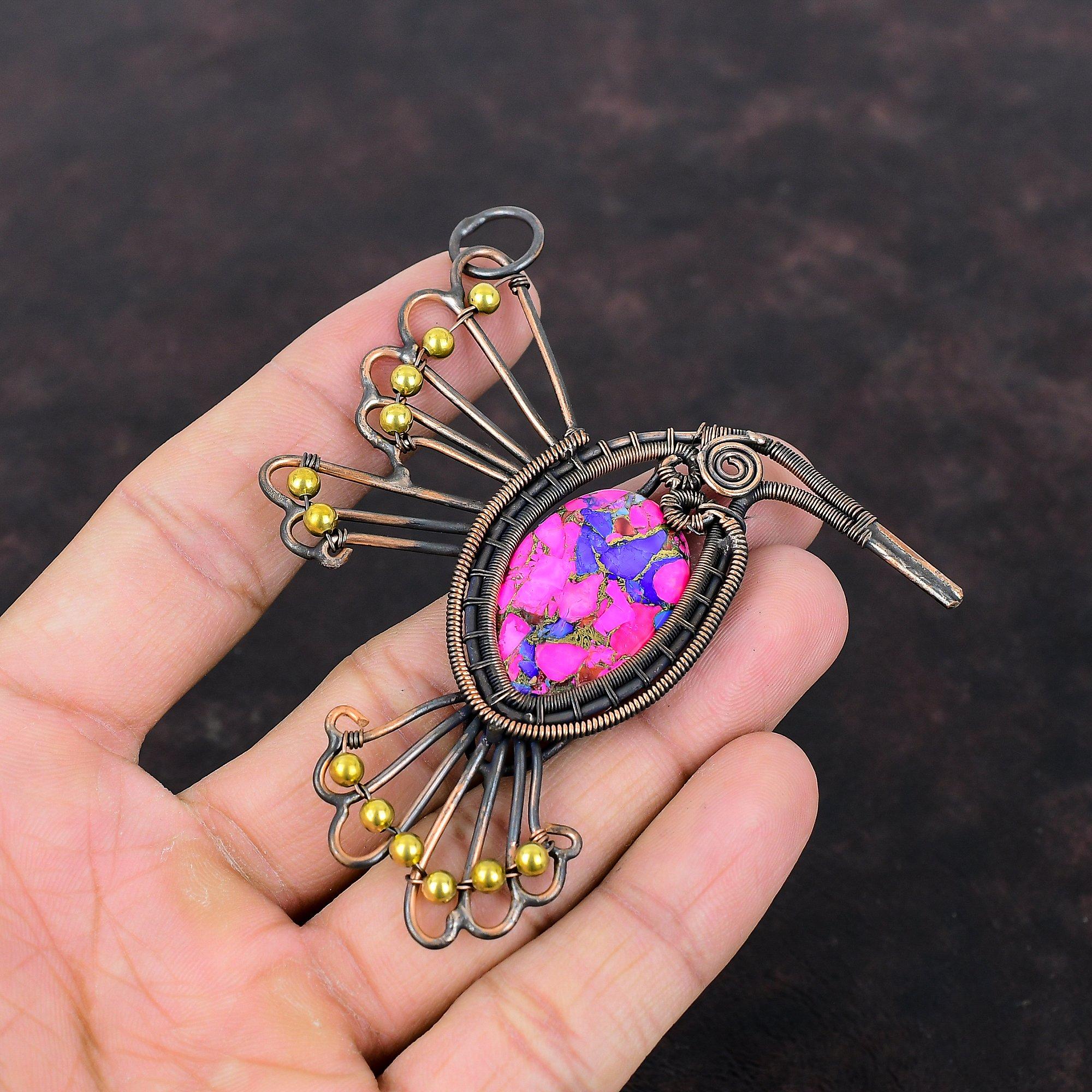 Natural Kingman Pink Dahlia Turquoise Pendant Copper Wire Wrapped Jewelry Gemstone Copper Pendant Handmade Pendant Wire Wrapped Bird Jewelry