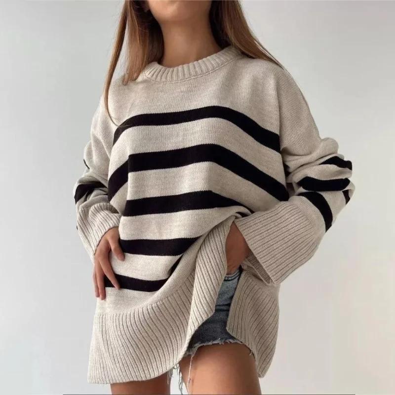 Casual Stripe Sweater Women Elegant Turtlenneck Contrast Long Sleeve Female Pullovers Autumn Winter Fashion Lady Knitwears
