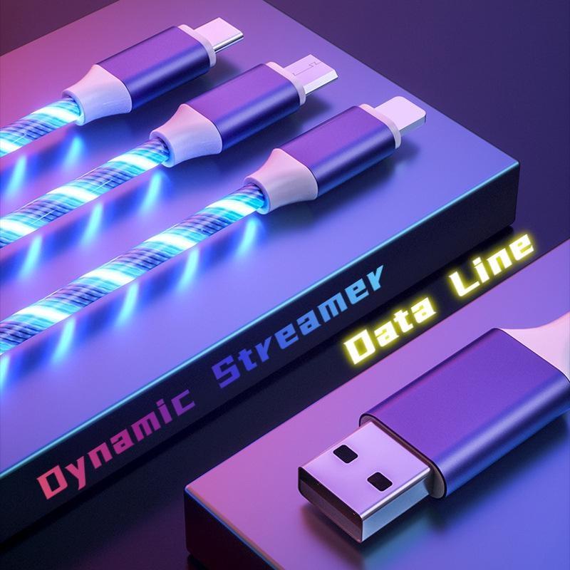 3 in 1 Data Cable, Dual-purpose for Charging and Transmission, Multi-purpose for One Line, 1M Cable Length, Color Light Flow