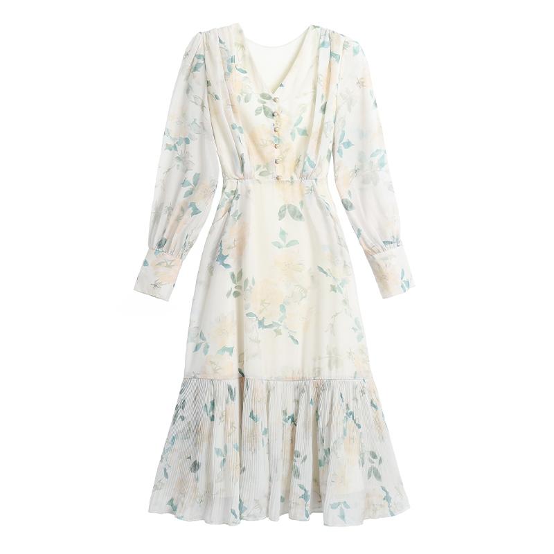 Frühling Elegante Chiffon Lange Kleid Langarm Herbst Casual Abnehmen Sanfte Floral Kleid