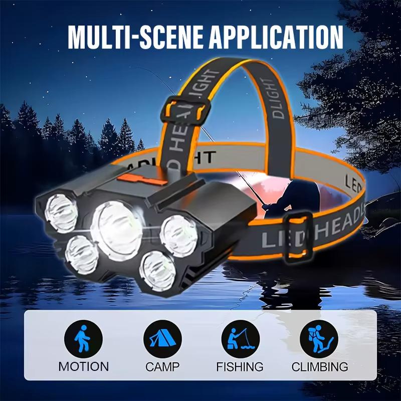High Brightness 5LED Headlamp Waterproof USB Rechargeable Head Torch for Outdoor Adventure, Night Work, Fishing, Climbing Light