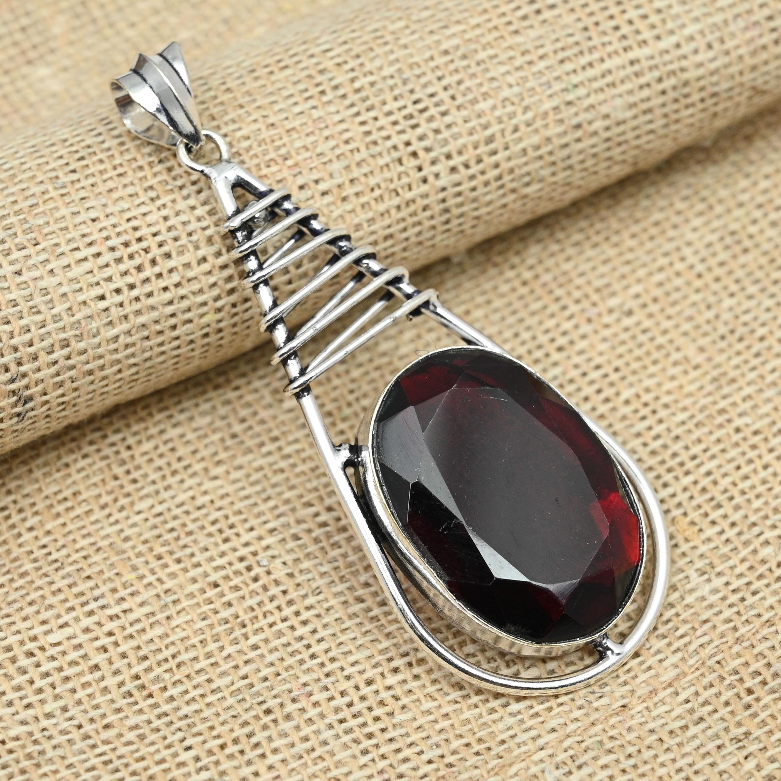Red Garnet Gemstone 925 Sterling Silver Handmade Charming Pendant For Women